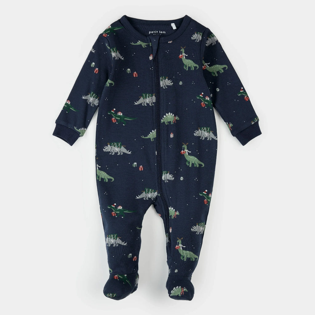 Footed Sleeper | Holiday Dinosaur Print on Navy | Petit Lem