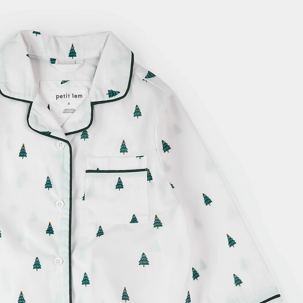 Poplin PJ Set | Pine Tree Print on Off-White | Petit Lem