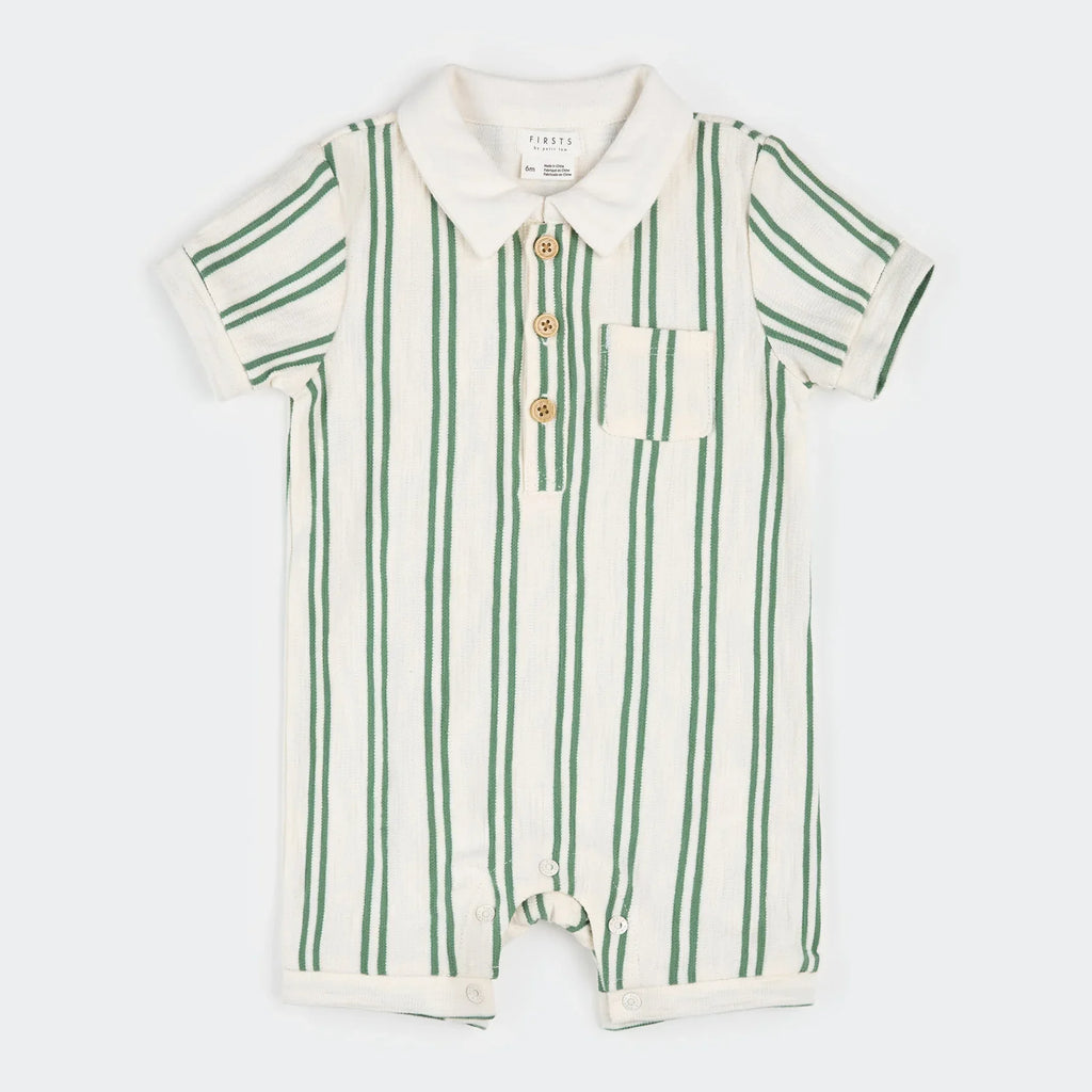 Collared Shortsleeved Romper | Green Stripe | Petit Lem