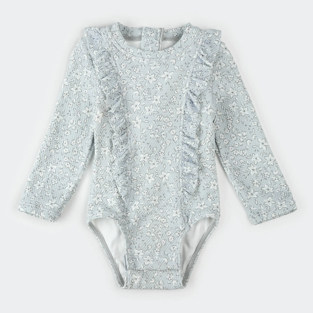 Long-Sleeve One-Piece Swimsuit | Vintage Flowers Print on Powder Blue | Petit Lem