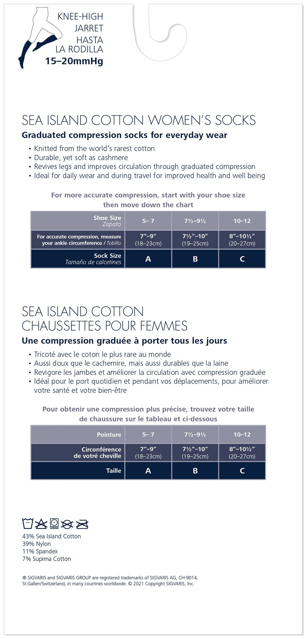 Sigvaris 150 Sea Island Cotton Compression Socks 15-20 mmHg Calf High For Women Closed Toe
