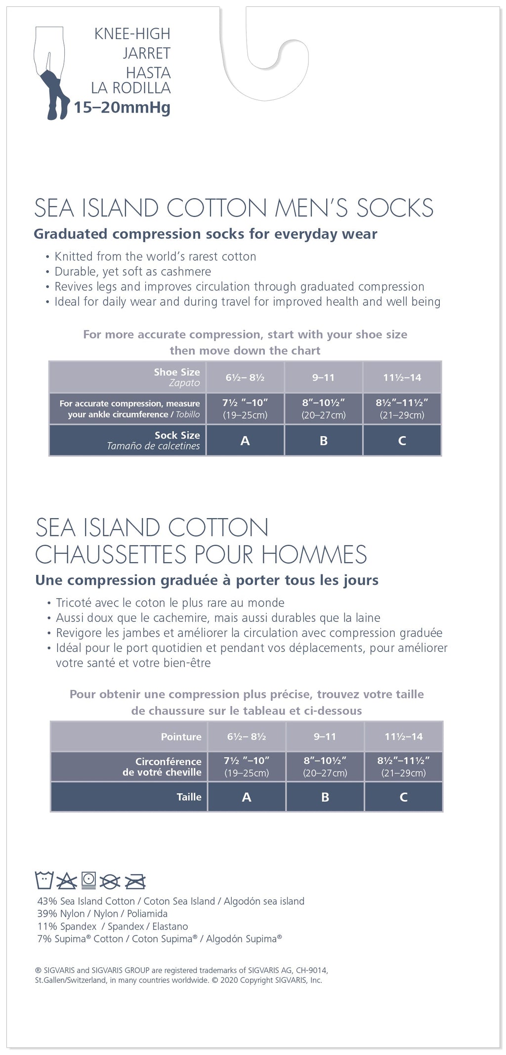 Sigvaris 190 Sea Island Cotton Compression Socks 15-20 mmHg Calf High for Men Closed Toe