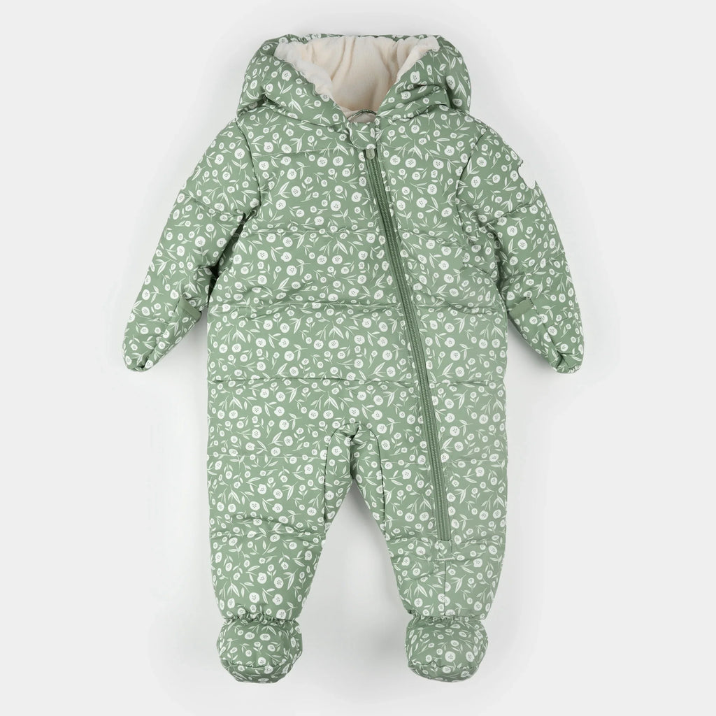 Hooded Baby Snowsuit | Floral Print on Sage Green | Petit Lem