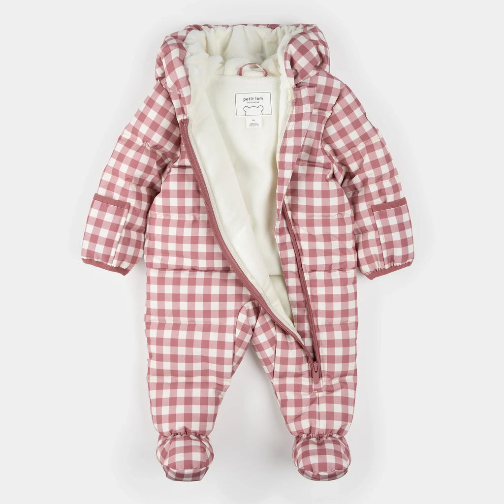 Hooded Baby Snowsuit | Plum Gingham | Petit Lem
