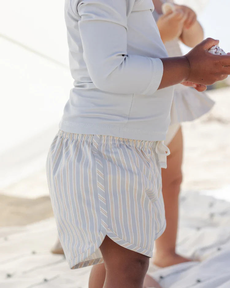 Boys Swim Short | Blue + Butterscotch Stripe | Quincy Mae