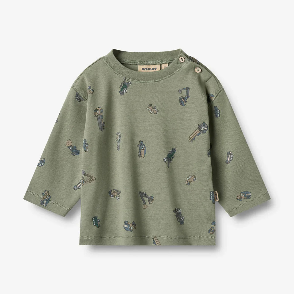 L/S Malthe T-Shirt | Dusty Green Cars | Wheat Kids