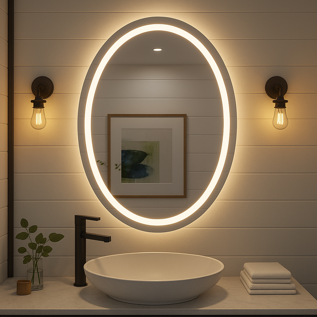 Ondelle Oval LED Bathroom Mirror — Front-Lit Ring + Backlit Halo, Anti-Fog | 24″×32″, 30″×36″