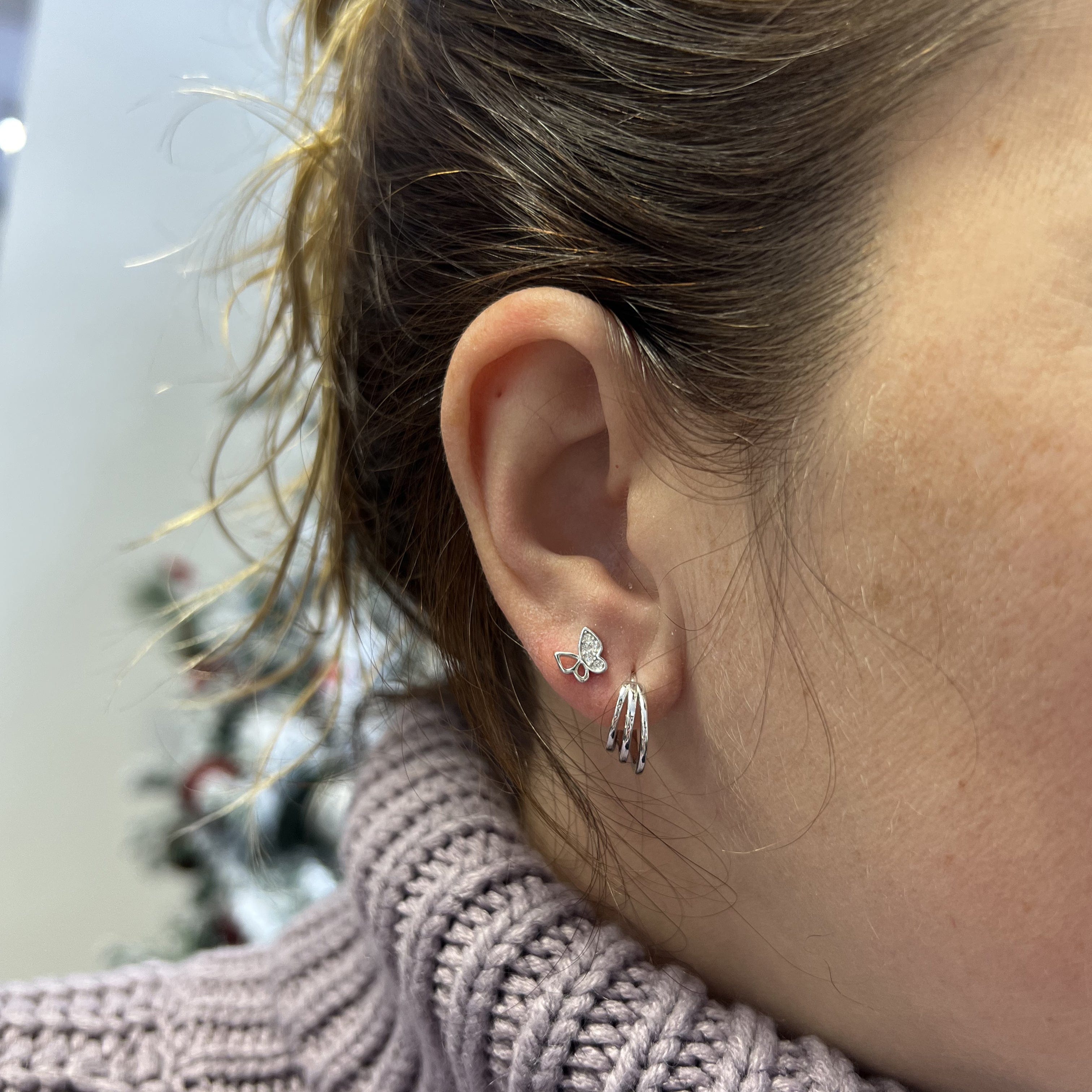 Boucles d'oreilles Huggies 3 rangs en argent sterling